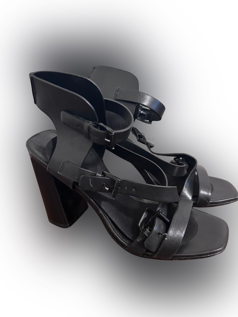 Rebecca Minkoff Black Leather Strappy Block Heel Buckle Sandals Size 8